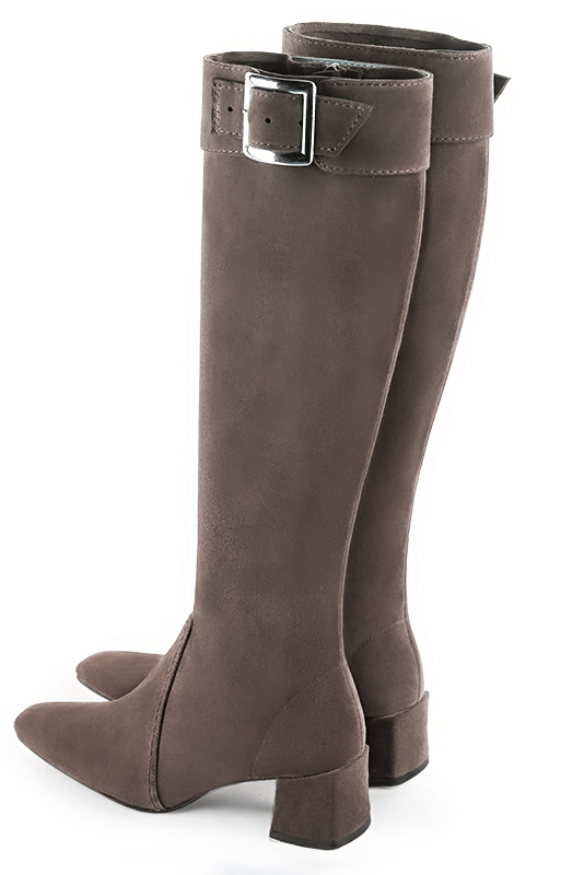 Taupe brown women's feminine knee-high boots. Square toe. Medium block heels. Made to measure. Rear view - Florence KOOIJMAN